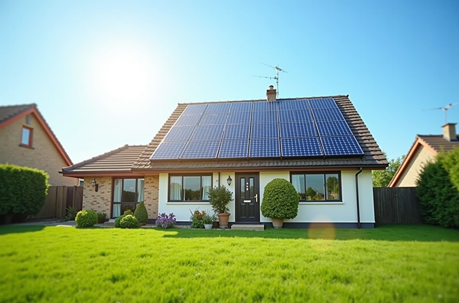 Solar panels on a UK house roof with sunlight reflecting off them, and a well-kept lawn in front